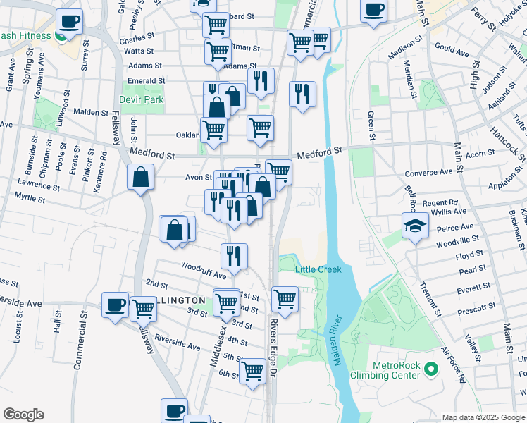 map of restaurants, bars, coffee shops, grocery stores, and more near 420 Pearl Street in Malden