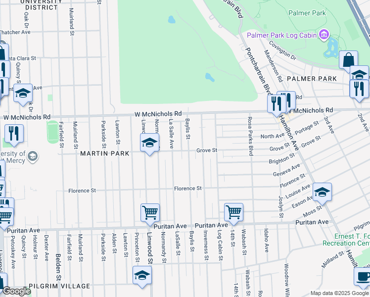 map of restaurants, bars, coffee shops, grocery stores, and more near 16809 Baylis Street in Detroit