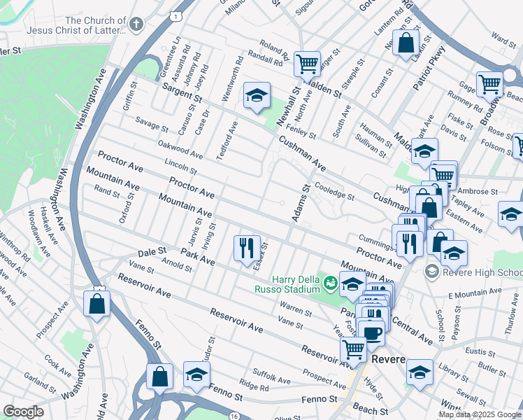 map of restaurants, bars, coffee shops, grocery stores, and more near 277 Proctor Avenue in Revere