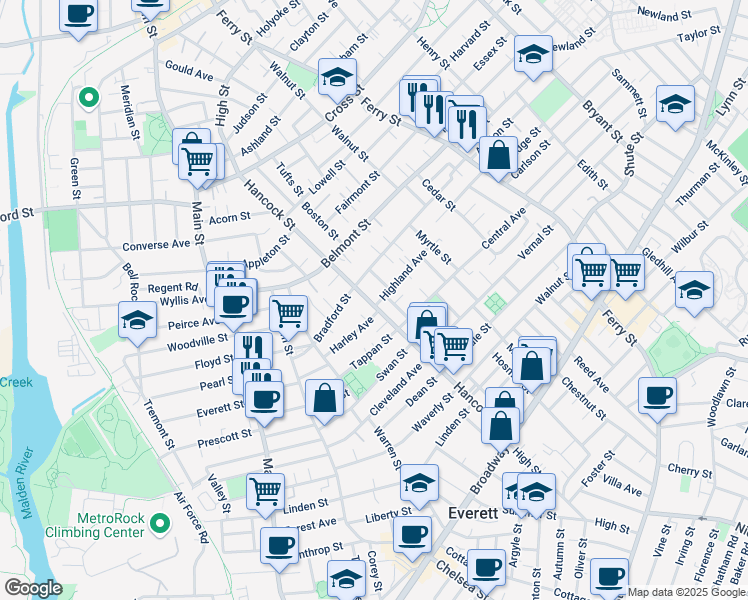 map of restaurants, bars, coffee shops, grocery stores, and more near 185 Hancock Street in Everett