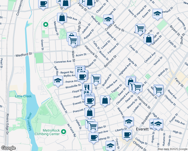 map of restaurants, bars, coffee shops, grocery stores, and more near 220 Bucknam Street in Everett