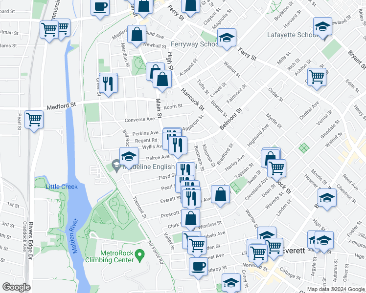 map of restaurants, bars, coffee shops, grocery stores, and more near 10 Belmont Street in Malden