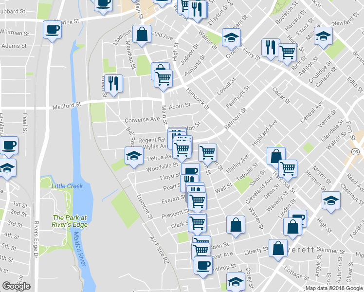 map of restaurants, bars, coffee shops, grocery stores, and more near 10 Belmont Street in Malden