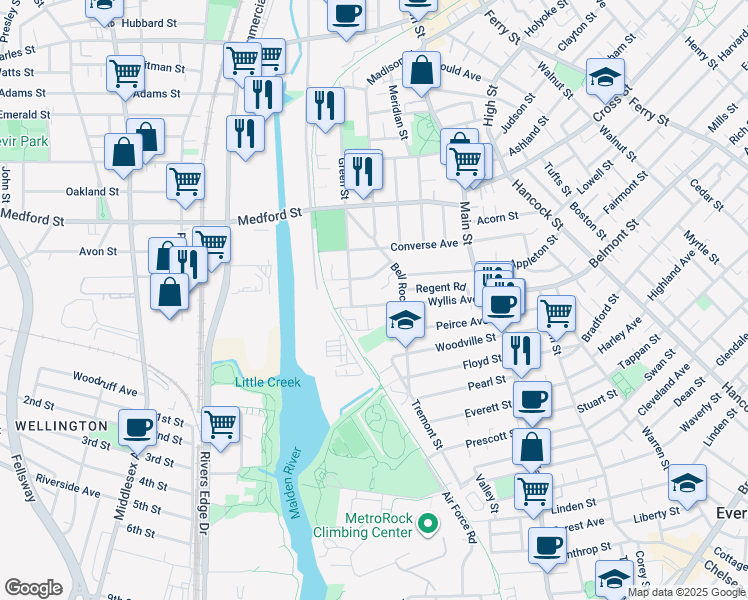 map of restaurants, bars, coffee shops, grocery stores, and more near 56 Newman Road in Malden