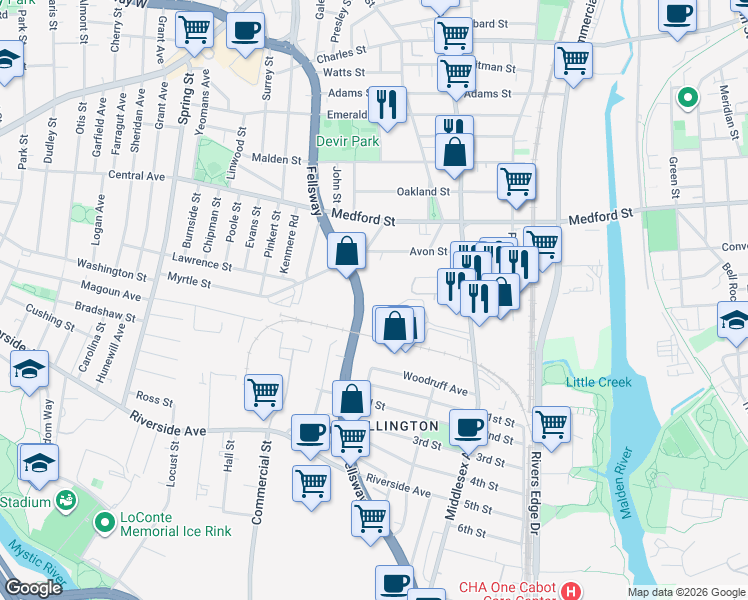 map of restaurants, bars, coffee shops, grocery stores, and more near 983 Fellsway in Medford