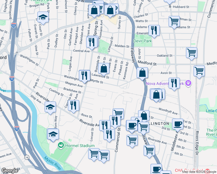 map of restaurants, bars, coffee shops, grocery stores, and more near 62 Myrtle Street in Medford