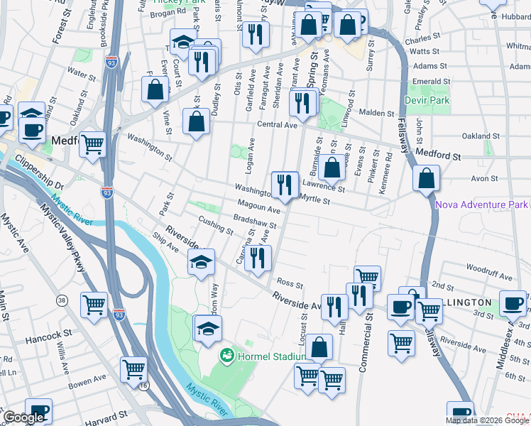 map of restaurants, bars, coffee shops, grocery stores, and more near 102 Magoun Avenue in Medford