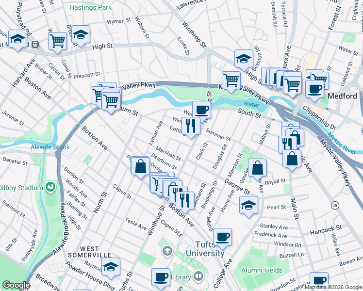 map of restaurants, bars, coffee shops, grocery stores, and more near 34 Martin Street in Medford