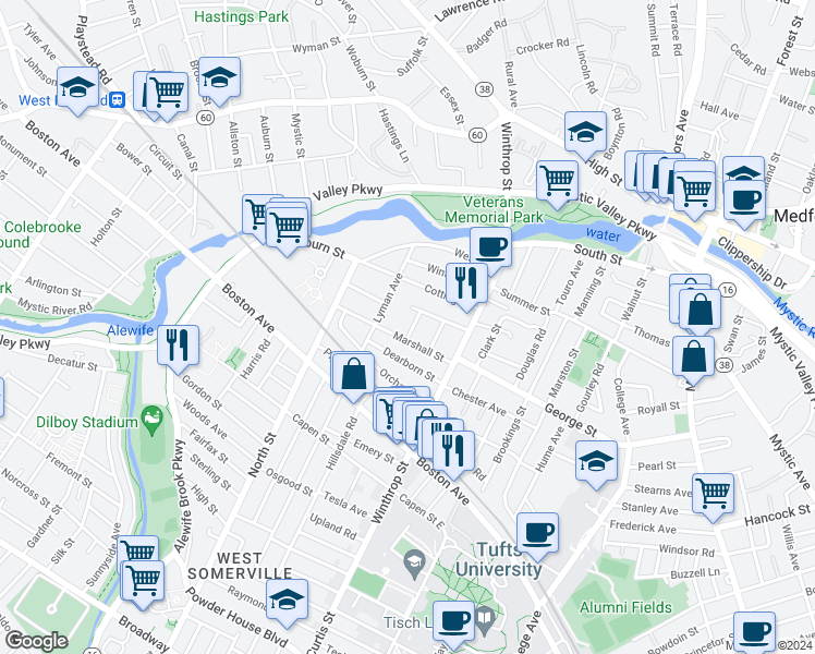 map of restaurants, bars, coffee shops, grocery stores, and more near 50 Lyman Avenue in Medford