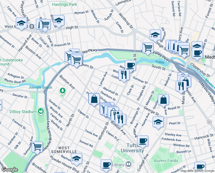 map of restaurants, bars, coffee shops, grocery stores, and more near 50 Lyman Avenue in Medford
