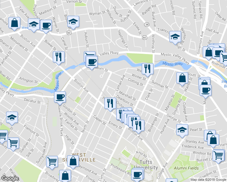 map of restaurants, bars, coffee shops, grocery stores, and more near 76 Marshall Street in Medford