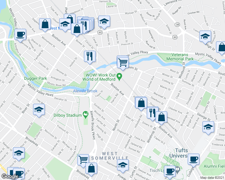 map of restaurants, bars, coffee shops, grocery stores, and more near 38 Irvington Road in Somerville