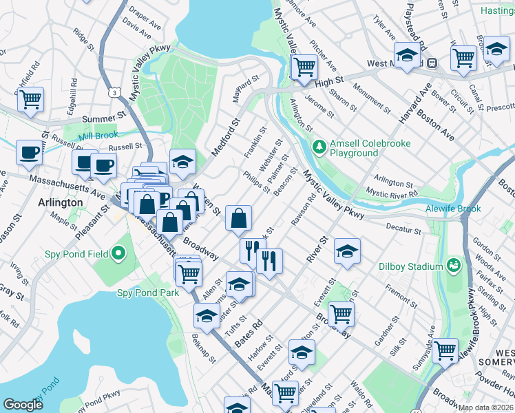 map of restaurants, bars, coffee shops, grocery stores, and more near 52 Beacon Street in Arlington