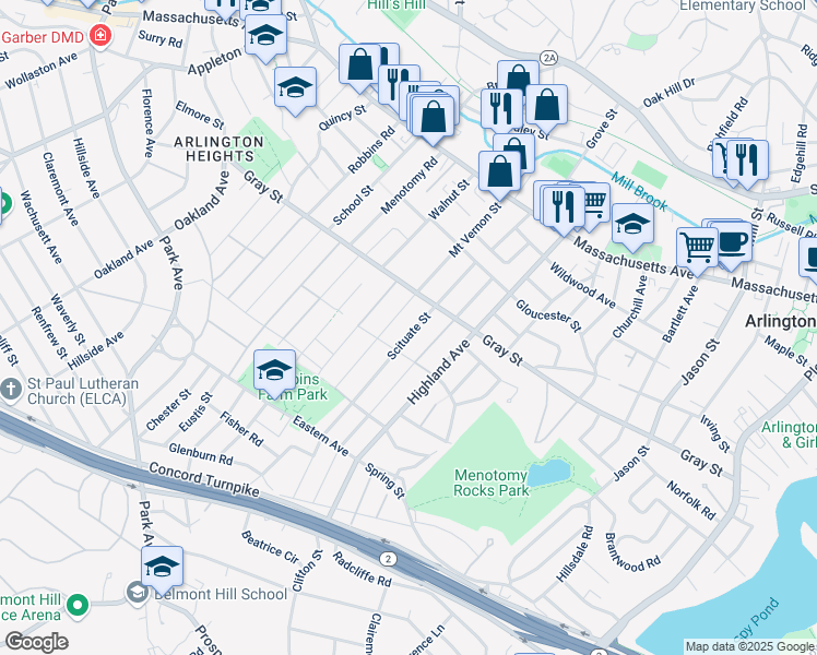 map of restaurants, bars, coffee shops, grocery stores, and more near 61 Scituate Street in Arlington