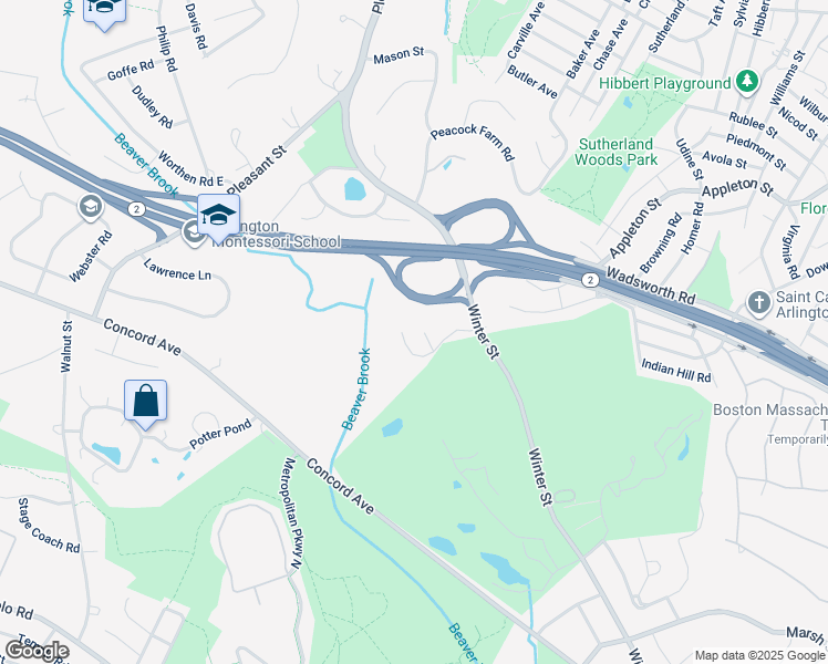 map of restaurants, bars, coffee shops, grocery stores, and more near Watertown Street in Lexington