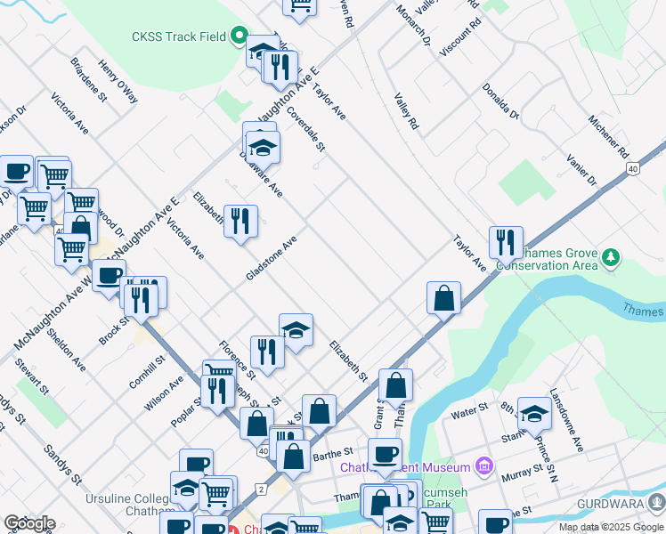 map of restaurants, bars, coffee shops, grocery stores, and more near in Chatham