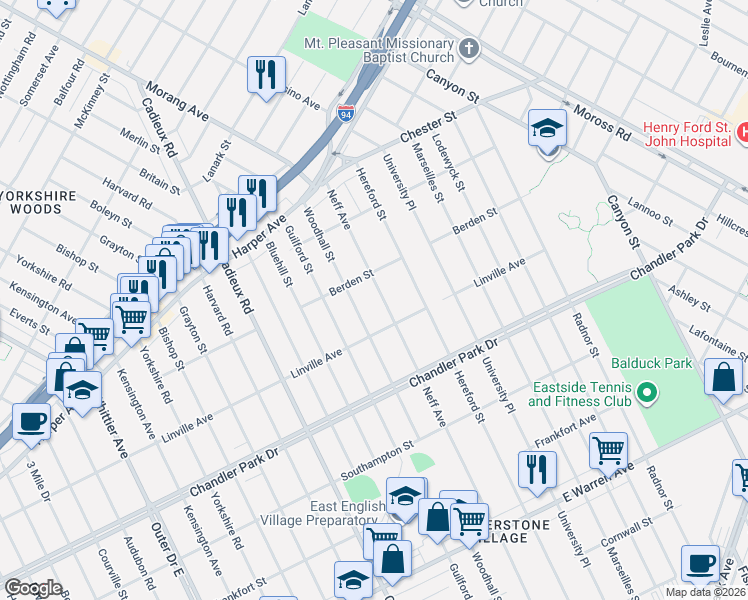 map of restaurants, bars, coffee shops, grocery stores, and more near 5989 Neff Avenue in Detroit