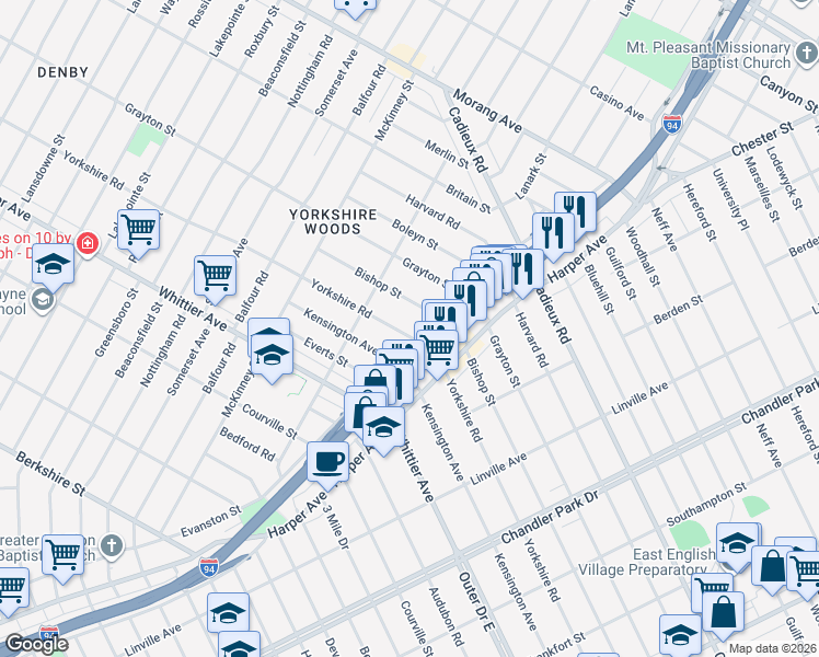 map of restaurants, bars, coffee shops, grocery stores, and more near 9135 Bishop Street in Detroit