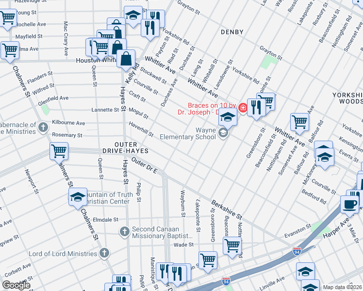 map of restaurants, bars, coffee shops, grocery stores, and more near 10721 Whitehill Street in Detroit