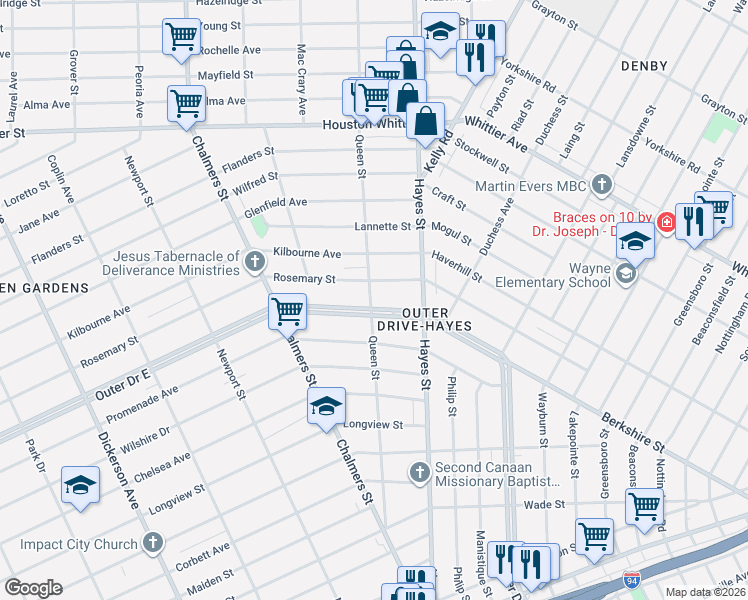 map of restaurants, bars, coffee shops, grocery stores, and more near 14920 Rosemary Street in Detroit