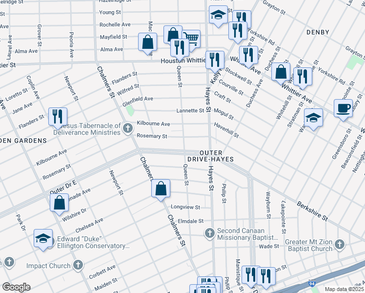 map of restaurants, bars, coffee shops, grocery stores, and more near 14920 Rosemary Street in Detroit