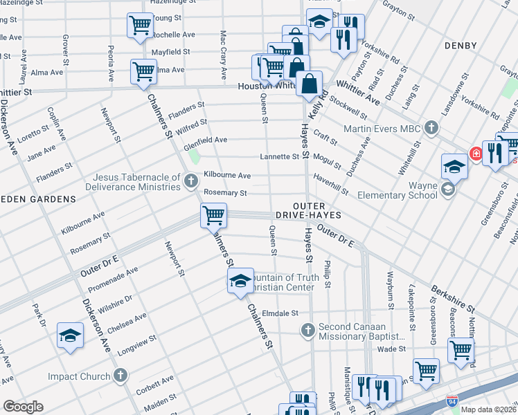 map of restaurants, bars, coffee shops, grocery stores, and more near 14794 Rosemary Street in Detroit
