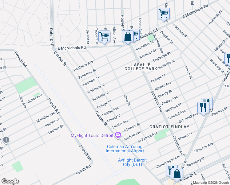 map of restaurants, bars, coffee shops, grocery stores, and more near 11265 Nashville Street in Detroit
