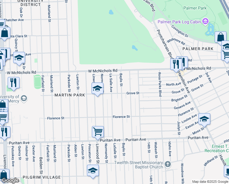map of restaurants, bars, coffee shops, grocery stores, and more near 16820 La Salle Avenue in Detroit