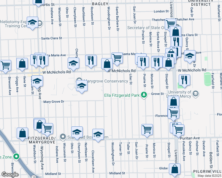 map of restaurants, bars, coffee shops, grocery stores, and more near 16737 Turner Street in Detroit