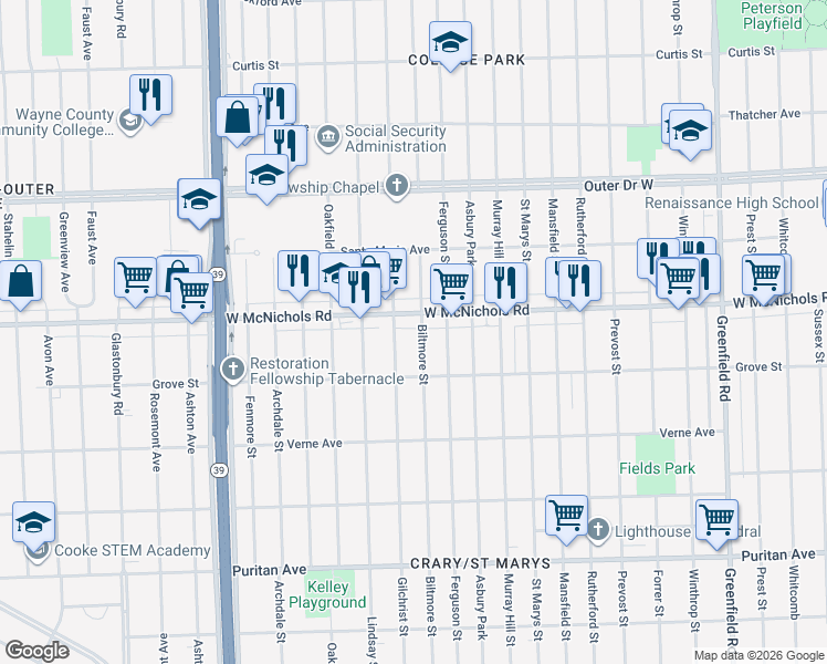 map of restaurants, bars, coffee shops, grocery stores, and more near 17107 West McNichols Road in Detroit