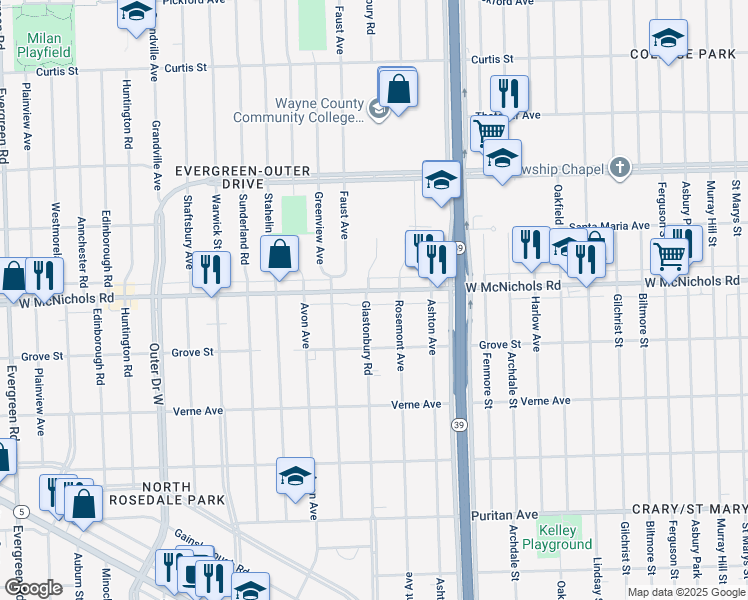 map of restaurants, bars, coffee shops, grocery stores, and more near 18406 West McNichols Road in Detroit