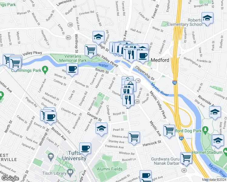 map of restaurants, bars, coffee shops, grocery stores, and more near 59 Thomas Street in Medford
