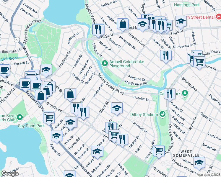 map of restaurants, bars, coffee shops, grocery stores, and more near 146 Mystic Valley Parkway in Arlington