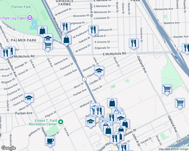 map of restaurants, bars, coffee shops, grocery stores, and more near 47 Church Street in Highland Park