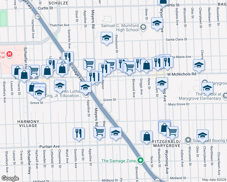 map of restaurants, bars, coffee shops, grocery stores, and more near 16880 Monte Vista Street in Detroit