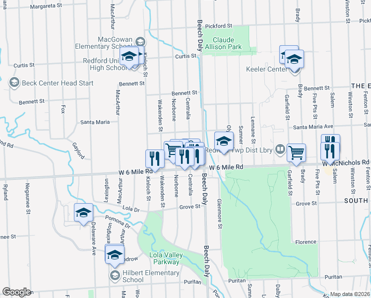 map of restaurants, bars, coffee shops, grocery stores, and more near 17197 Centralia in Redford Charter Township