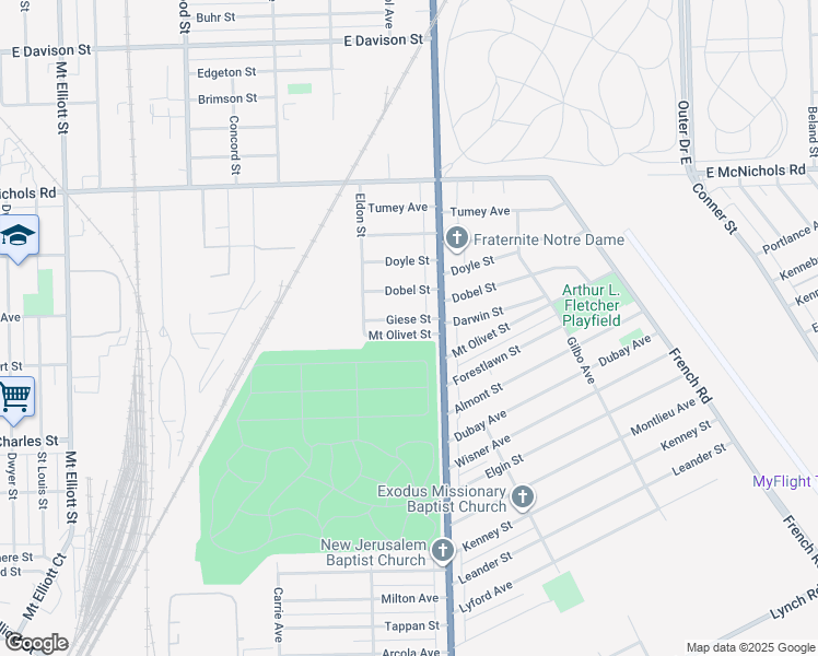 map of restaurants, bars, coffee shops, grocery stores, and more near 7582 Giese Street in Detroit