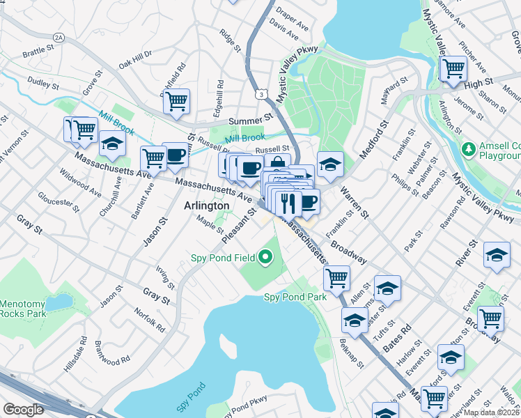 map of restaurants, bars, coffee shops, grocery stores, and more near 626 Massachusetts Avenue in Arlington