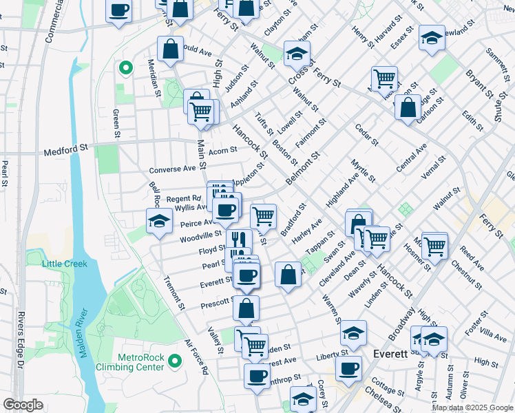 map of restaurants, bars, coffee shops, grocery stores, and more near 220 Bucknam Street in Everett