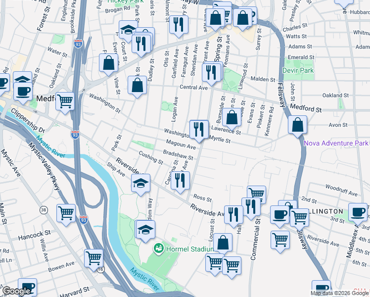map of restaurants, bars, coffee shops, grocery stores, and more near 102 Magoun Avenue in Medford