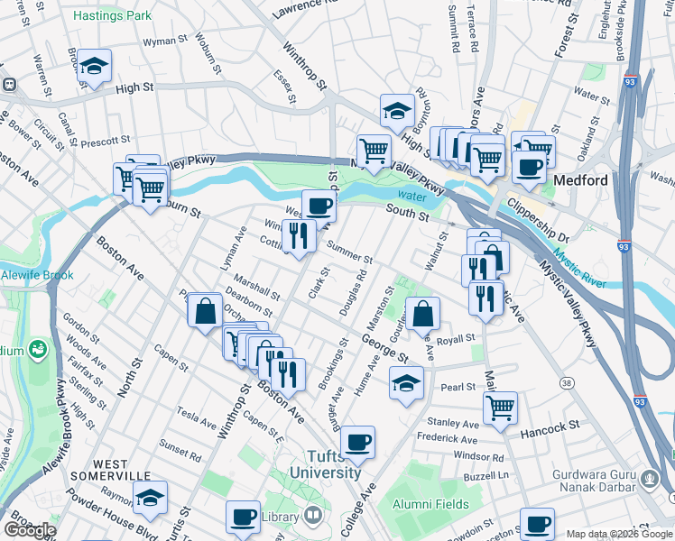 map of restaurants, bars, coffee shops, grocery stores, and more near 73 Clark Street in Medford