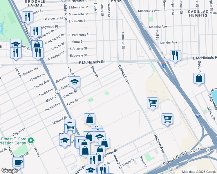 map of restaurants, bars, coffee shops, grocery stores, and more near 188 Ferris Street in Highland Park