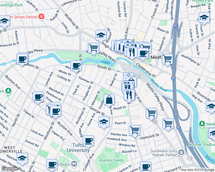 map of restaurants, bars, coffee shops, grocery stores, and more near 8 Metcalf Street in Medford