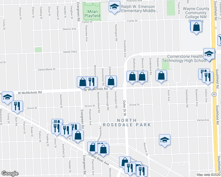 map of restaurants, bars, coffee shops, grocery stores, and more near McNichols Rd W & Edinborough Rd in Detroit