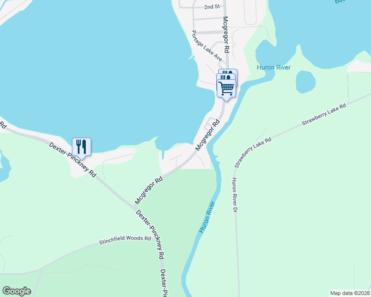 map of restaurants, bars, coffee shops, grocery stores, and more near 9045 Mcgregor Road in Pinckney