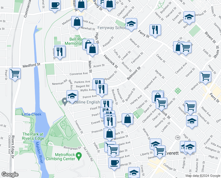 map of restaurants, bars, coffee shops, grocery stores, and more near 214 Bucknam Street in Everett