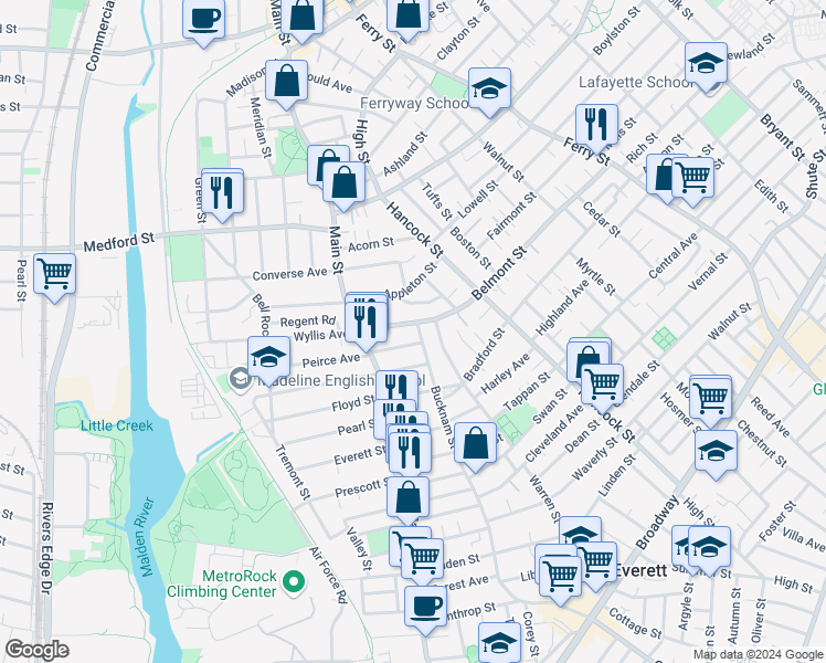 map of restaurants, bars, coffee shops, grocery stores, and more near 216 Bucknam Street in Everett