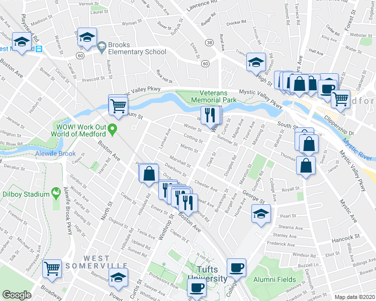 map of restaurants, bars, coffee shops, grocery stores, and more near 34 Martin Street in Medford