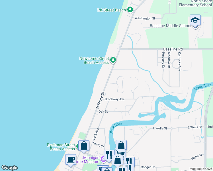 map of restaurants, bars, coffee shops, grocery stores, and more near 550 North Shore Drive in South Haven