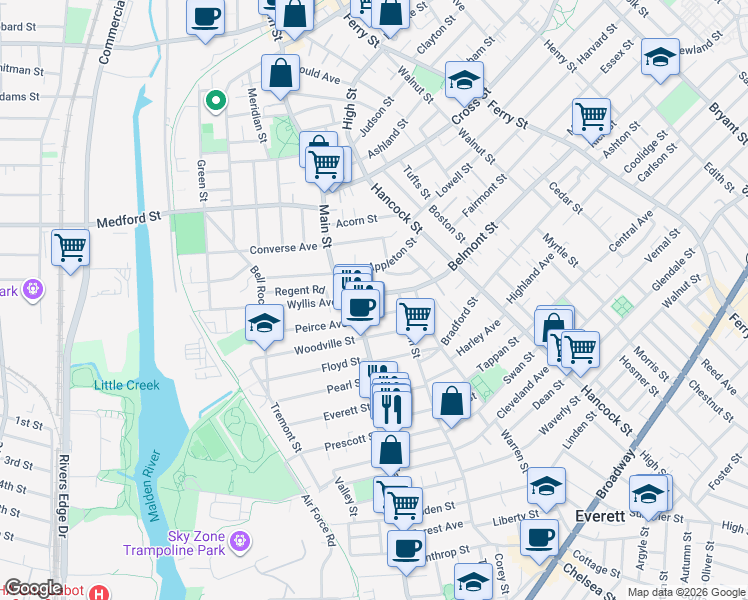 map of restaurants, bars, coffee shops, grocery stores, and more near 10 Belmont Street in Malden